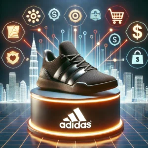 3D feature image for the Adidas Affiliate Program with a stylish Adidas shoe on a glowing podium, surrounded by affiliate marketing symbols and a Malaysian skyline backdrop