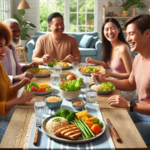 A group of happy people enjoying a balanced meal together, representing cara diet yang betul with grilled chicken, brown rice, and vegetables