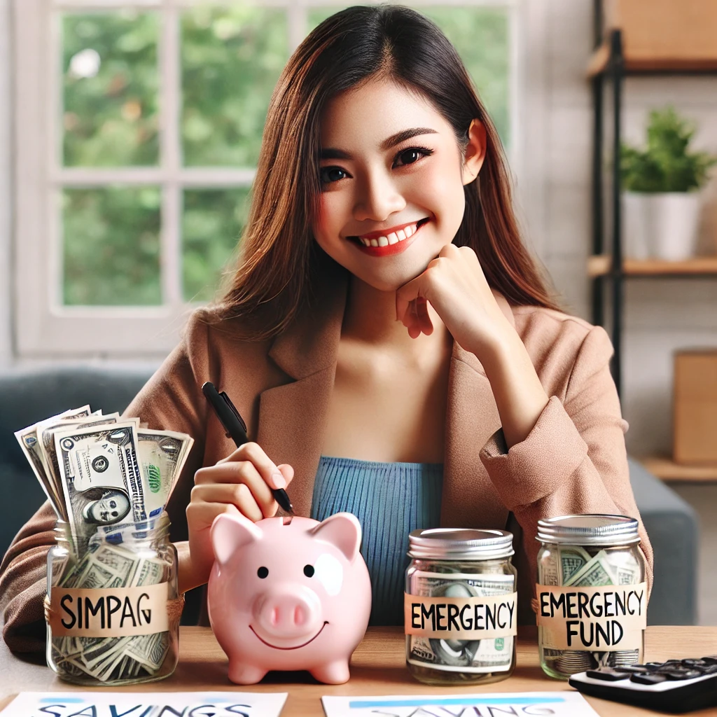 Attractive visual of a young Malaysian planning a budget with a piggy bank, cash, and savings jars, illustrating the best cara simpan duit and cara menyimpan duit effectively.