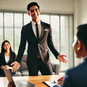 Cara memperkenalkan diri semasa temuduga: Malay man confidently introducing himself in a professional interview setting