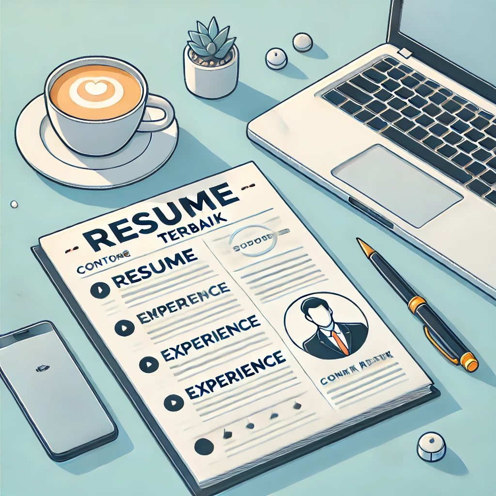 Contoh resume terbaik featured on a stylish desk with a laptop, pen, and coffee cup, representing the importance of a strong resume for job success