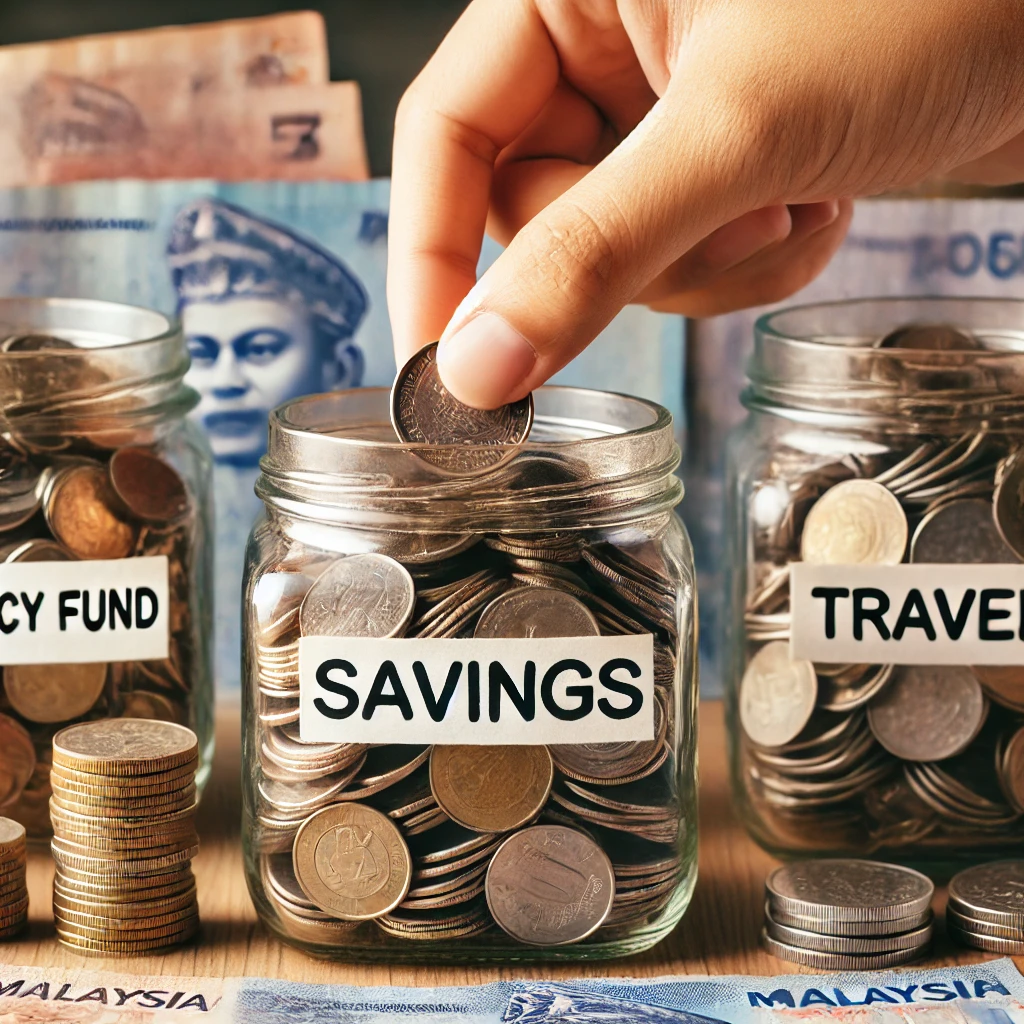 Hand placing coins into a jar labeled 'Savings' representing cara menyimpan duit for different goals