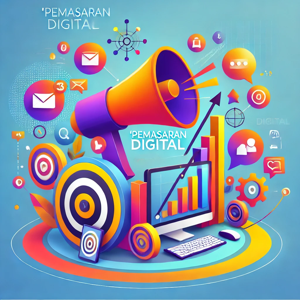 Image showing abstract icons for pemasaran digital, including a megaphone, computer, and graphs representing business growth