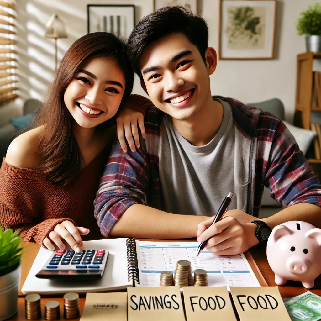 Malaysian couple planning their budget at home as they learn cara simpan duit effectively.