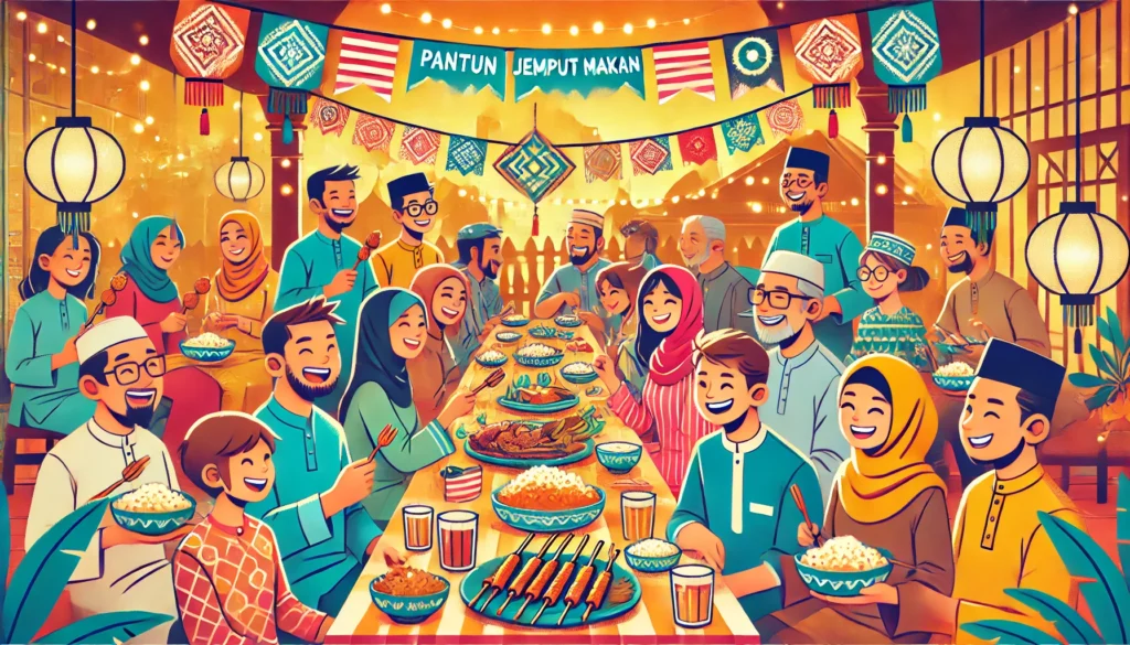 Pantun jemput makan feature image with happy people enjoying a festive Malaysian meal together