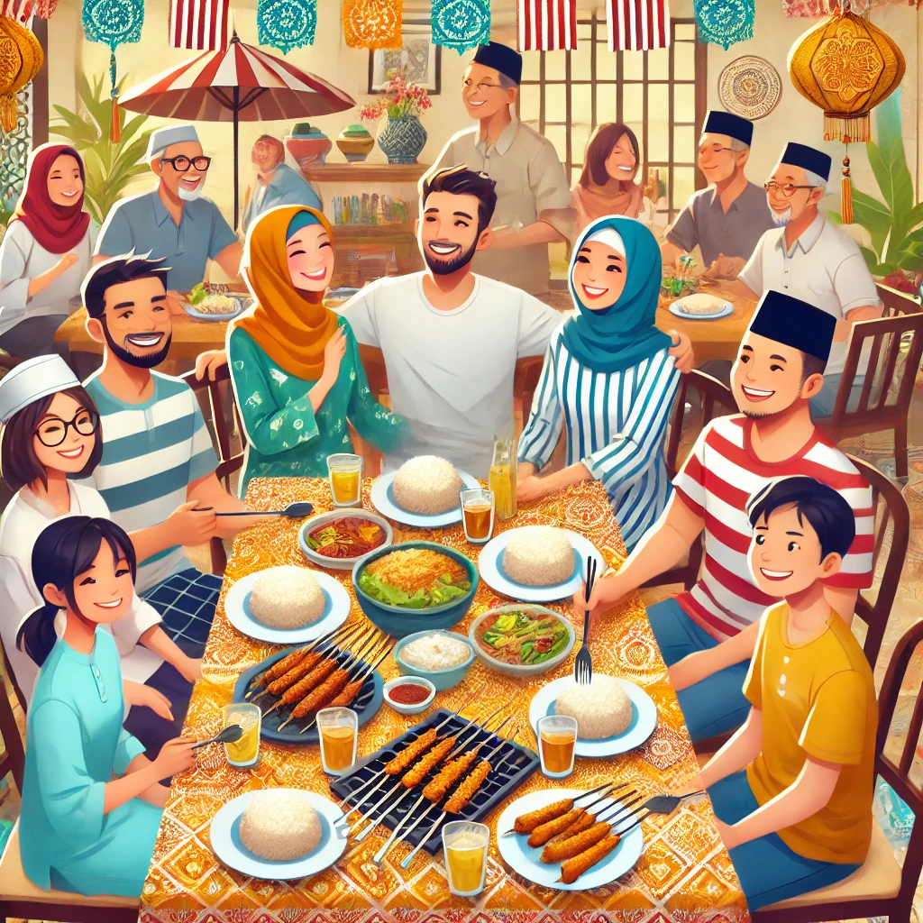 Pantun jemput makan with happy people enjoying traditional Malaysian dishes together