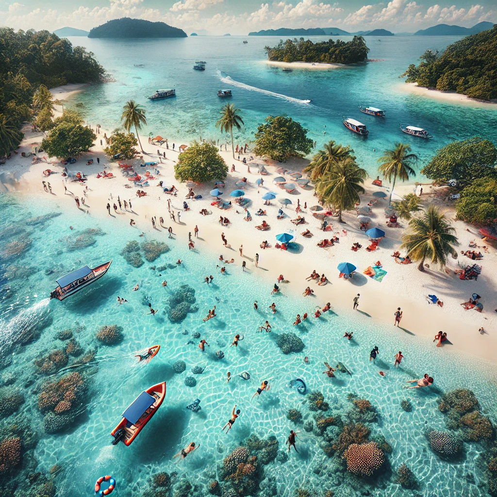 Pulau cantik di Malaysia dengan pantai berpasir putih, air biru jernih, orang bercuti di pantai, serta kehidupan laut seperti ikan berwarna-warni