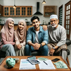 Casually dressed Muslim family in Malaysia using a faraid calculator and kalkulator faraid for inheritance calculation in a cozy home setting