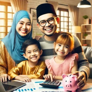 Malaysian parents smiling with their children while planning education savings using Skim Simpanan Pendidikan Nasional