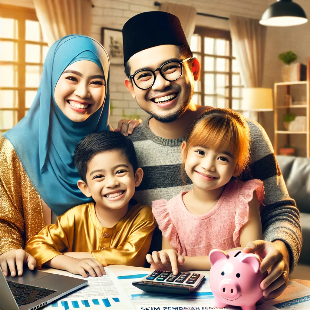 Malaysian parents smiling with their children while planning education savings using Skim Simpanan Pendidikan Nasional