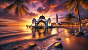 Info solat Melaka - feature image of Masjid Selat Melaka at sunset, showing a tranquil solat location in Melaka