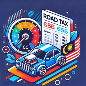 Modern Malaysian road tax concept with a car, engine capacity gauge, and road tax document featuring Malaysian flag elements for harga roadtax kereta mengikut cc