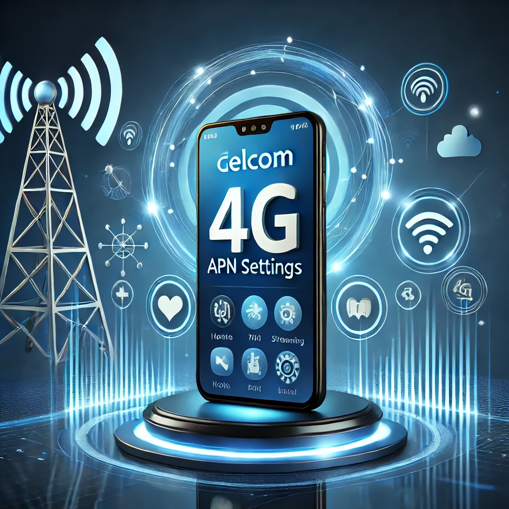 Modern smartphone displaying Celcom 4G APN settings with high-speed internet and connectivity icons