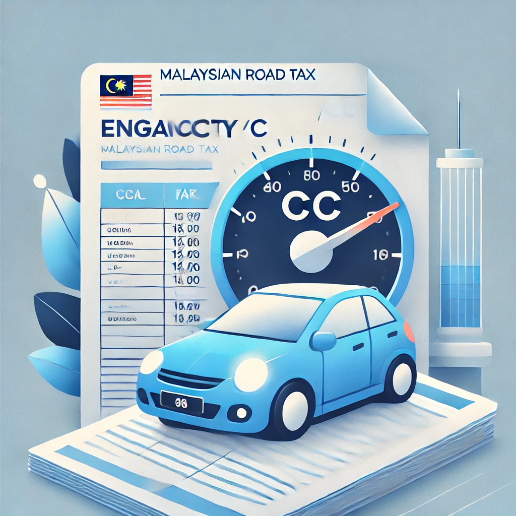 Visual of a car and engine capacity meter for calculating harga roadtax kereta mengikut cc in Malaysia