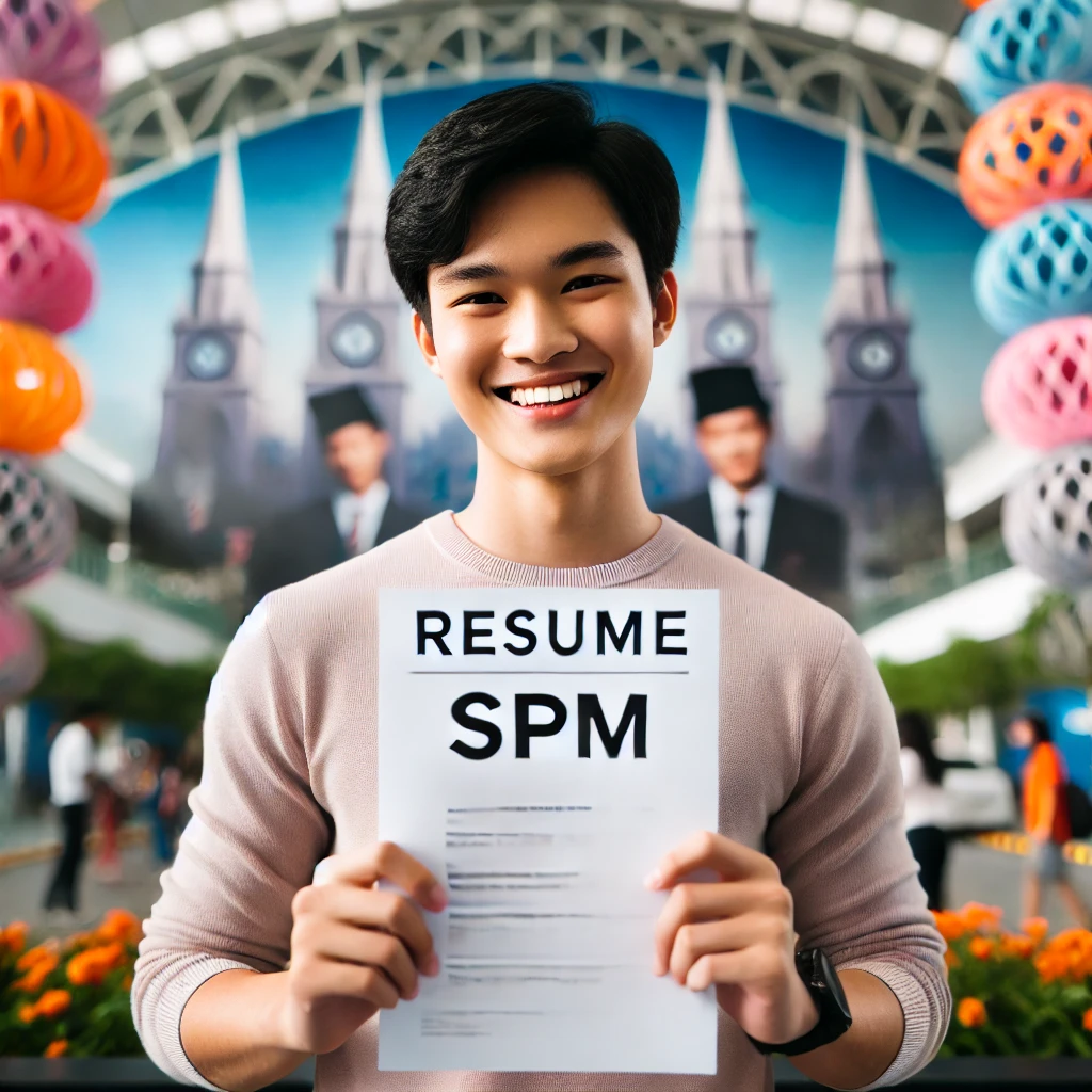 Cheerful Malaysian student confidently holding a Resume SPM, ready for job or scholarship applications