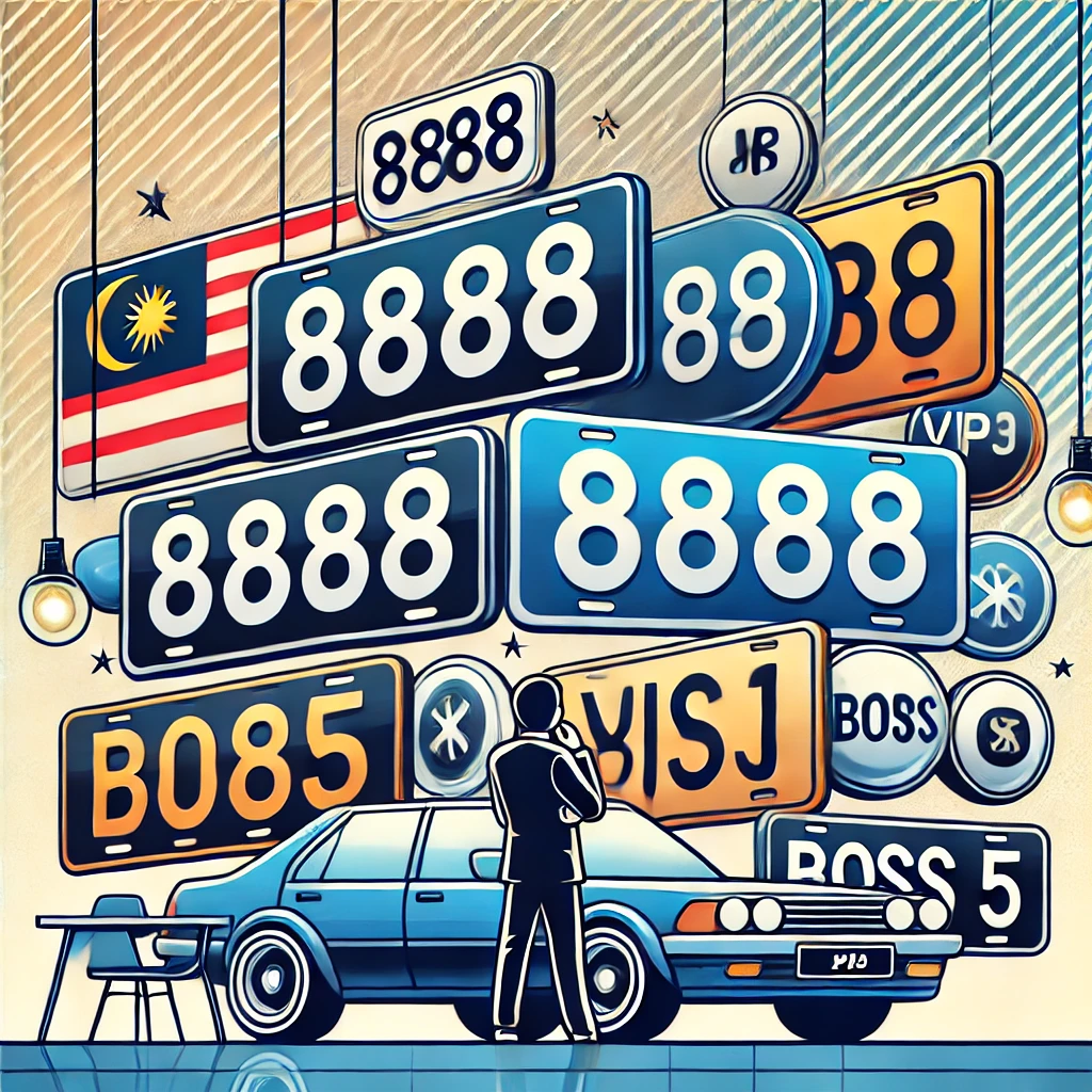 Stylized depiction of multiple JPJ number plates for sale, featuring combinations like 8888 and VIP 1, with a Malaysian flag in the background