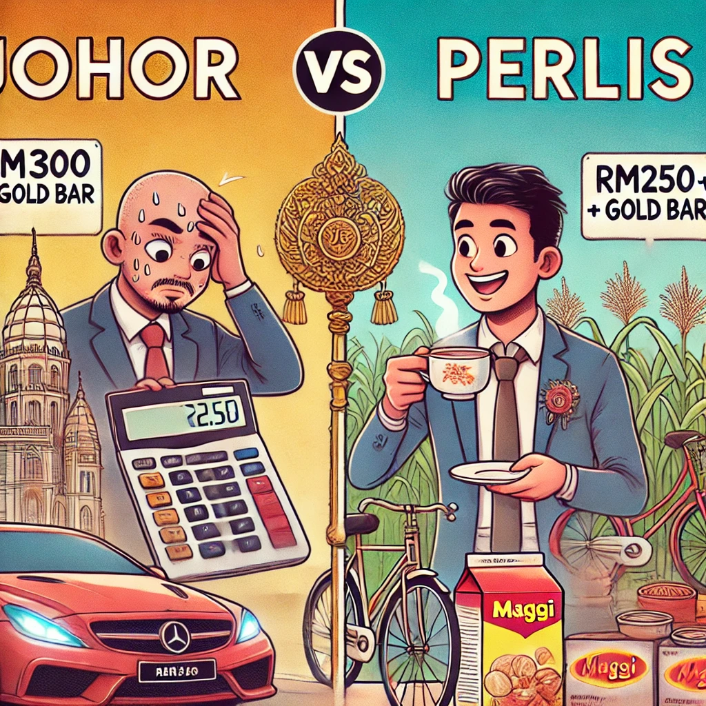 Perbandingan kelakar harga mas kahwin setiap negeri Johor (RM300 + emas) vs Perlis (RM22.50) dengan ilustrasi pengantin lelaki dan simbol negeri